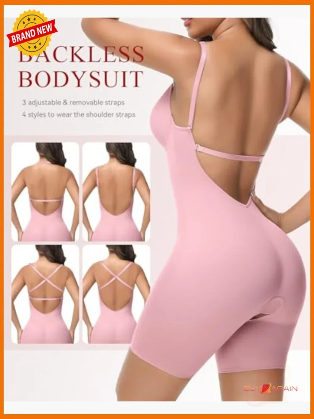 Backless Shapewear Bodysuit Strapless Deep Plunge Tummy Control Built-In Bra